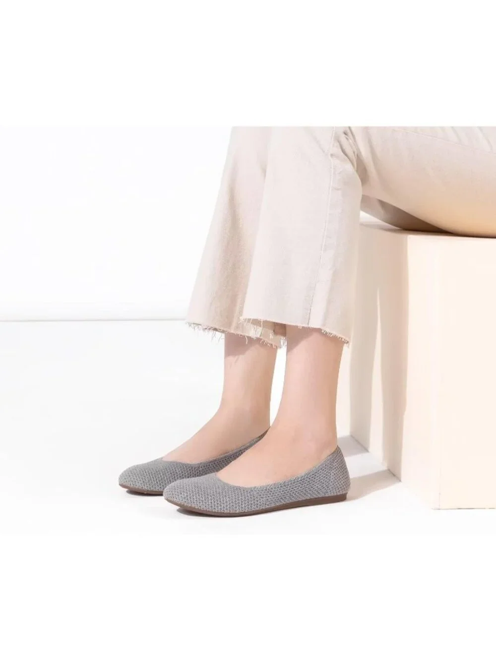 Women's Grey Round Toe Knit Dress Low Wedge Slip On Ballerina Ballet Flat Shoes